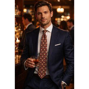 Givenchy Monsieur 100% Silk Red Gold‎ Blue Geometric Men's Designer Tie